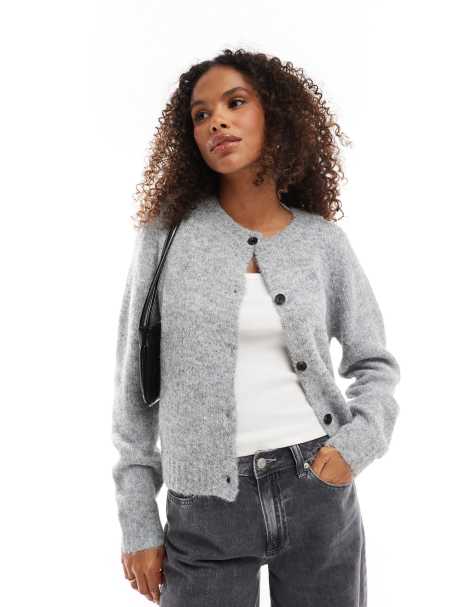 Vero Moda round neck knitted cardigan in light grey melange - view 1