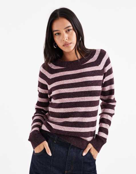 Vero Moda round neck knitted jumper in burgundy and pink melange stripe - view 1