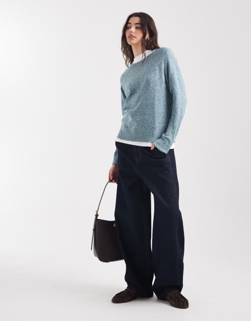 Vero Moda round neck knitted jumper in teal melange, 2 of 4