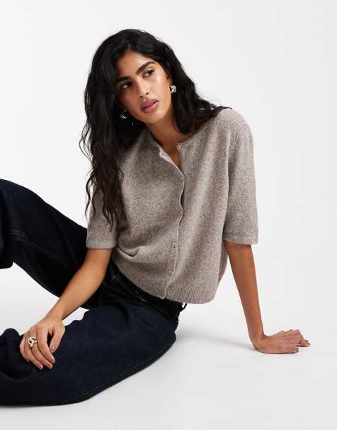 Vero Moda round neck knitted short sleeve cardigan in moonrock - view 1