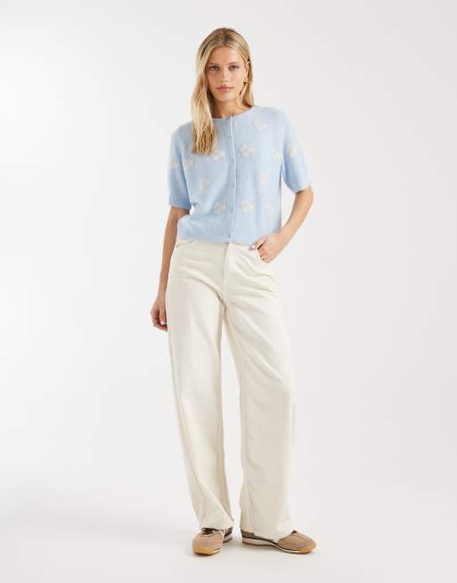 Vero Moda round neck knitted short sleeve cardigan with cherry jacquard print in blue, 3 of 4