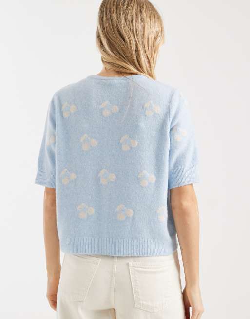 Vero Moda round neck knitted short sleeve cardigan with cherry jacquard print in blue, 4 of 4