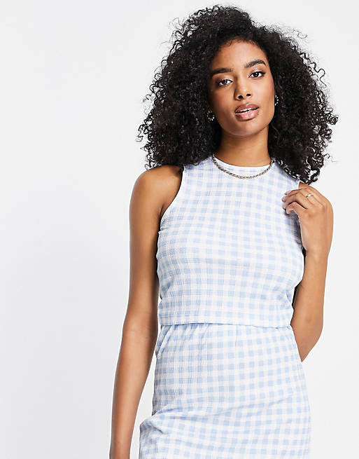 Vero Moda round neck sleeveless top in pale blue gingham (part of a set)