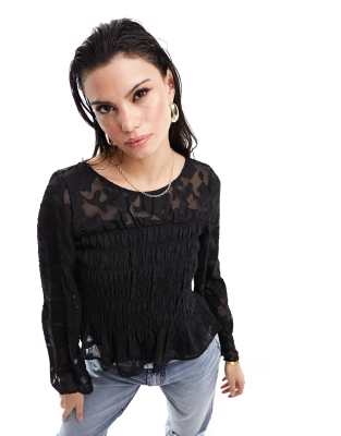 Vero Moda ruched bodice jacquard top in black - ASOS Price Checker
