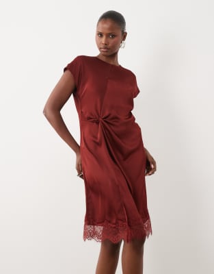Vero Moda Ruched Detail Mini Dress With Lace Trim In Orange
