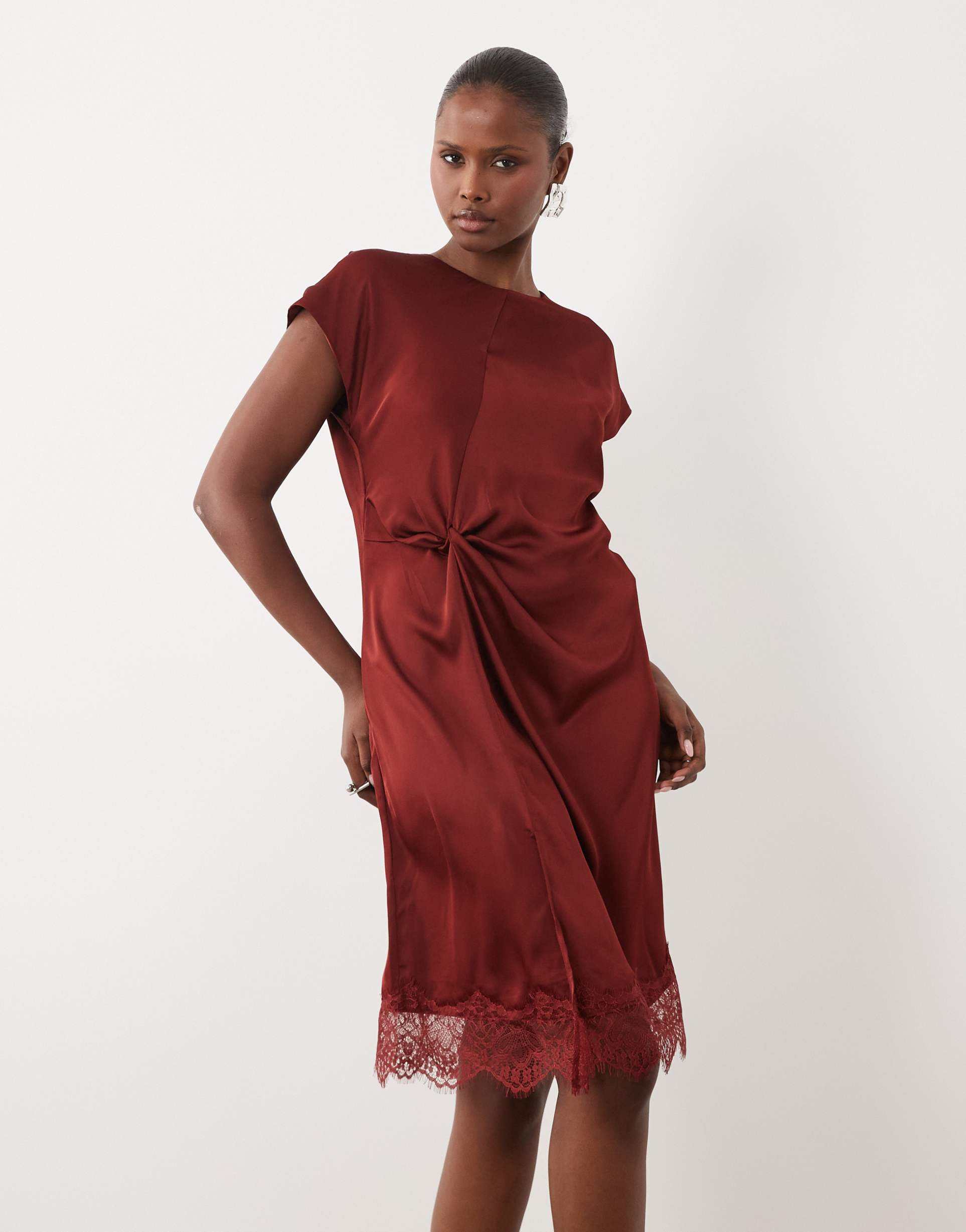 vero moda ruched detail mini dress with lace trim in rust