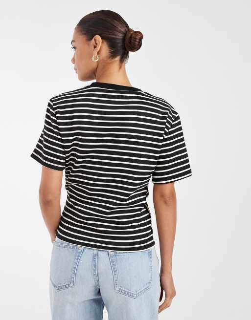Vero Moda ruched detail T-shirt in cream and black striped print, 4 of 4