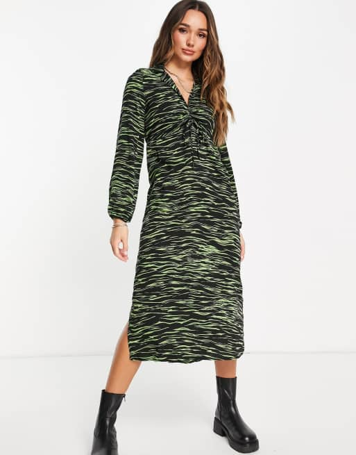 Vero Moda ruched front zebra print midi dress in green | ASOS