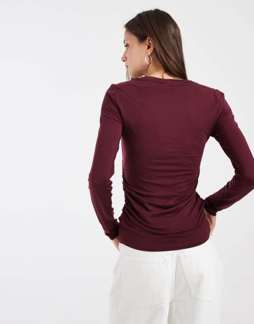 Vero Moda ruched long sleeve top in burgundy, 3 of 4