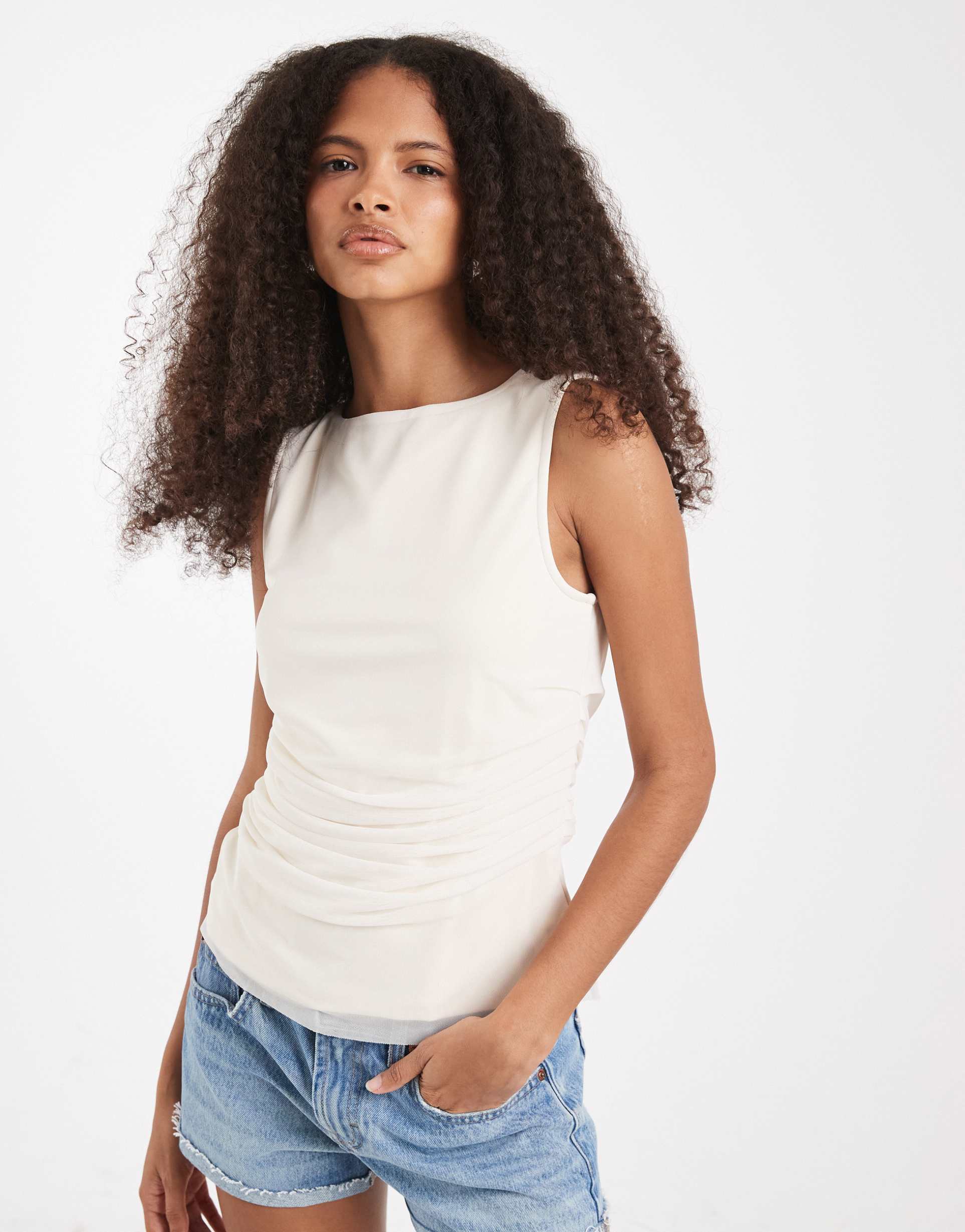 vero moda ruched mesh tank top in cream