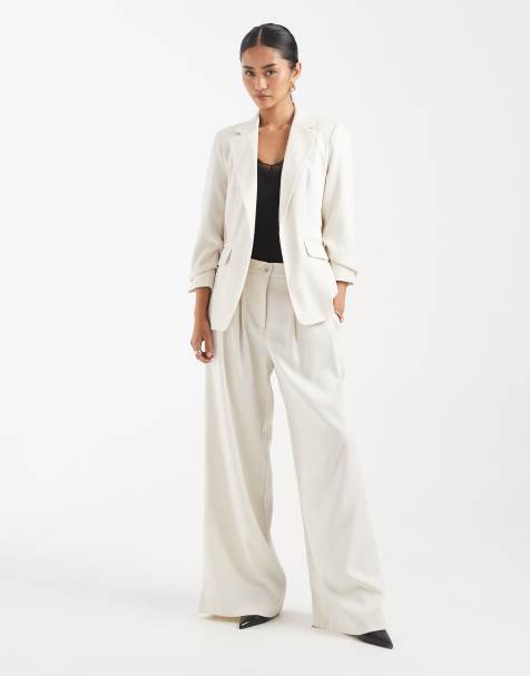 Vero Moda ruched sleeves blazer and pleated front wide leg tailored pants set in birch - view 1