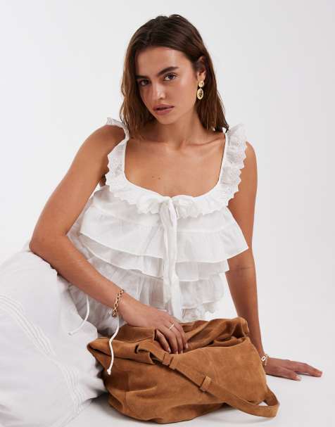 Vero Moda ruffle and lace detail tiered boho cami top in white - part of a set - view 1