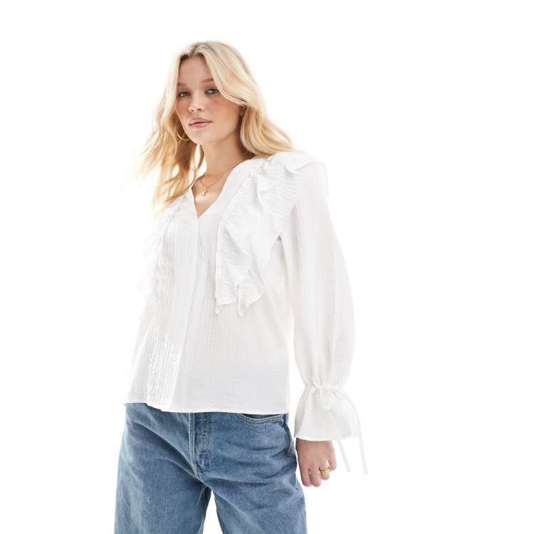 【I AM MARI】[Two Piece] Wings Frill Blouse Wide Banding PT Vero Moda ruffle blouse with tie sleeves in white | ASOS
