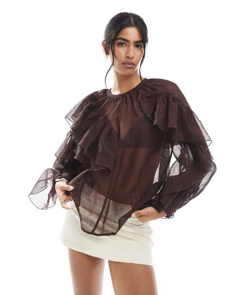 Vero Moda ruffle boho blouse in chocolate - view 1