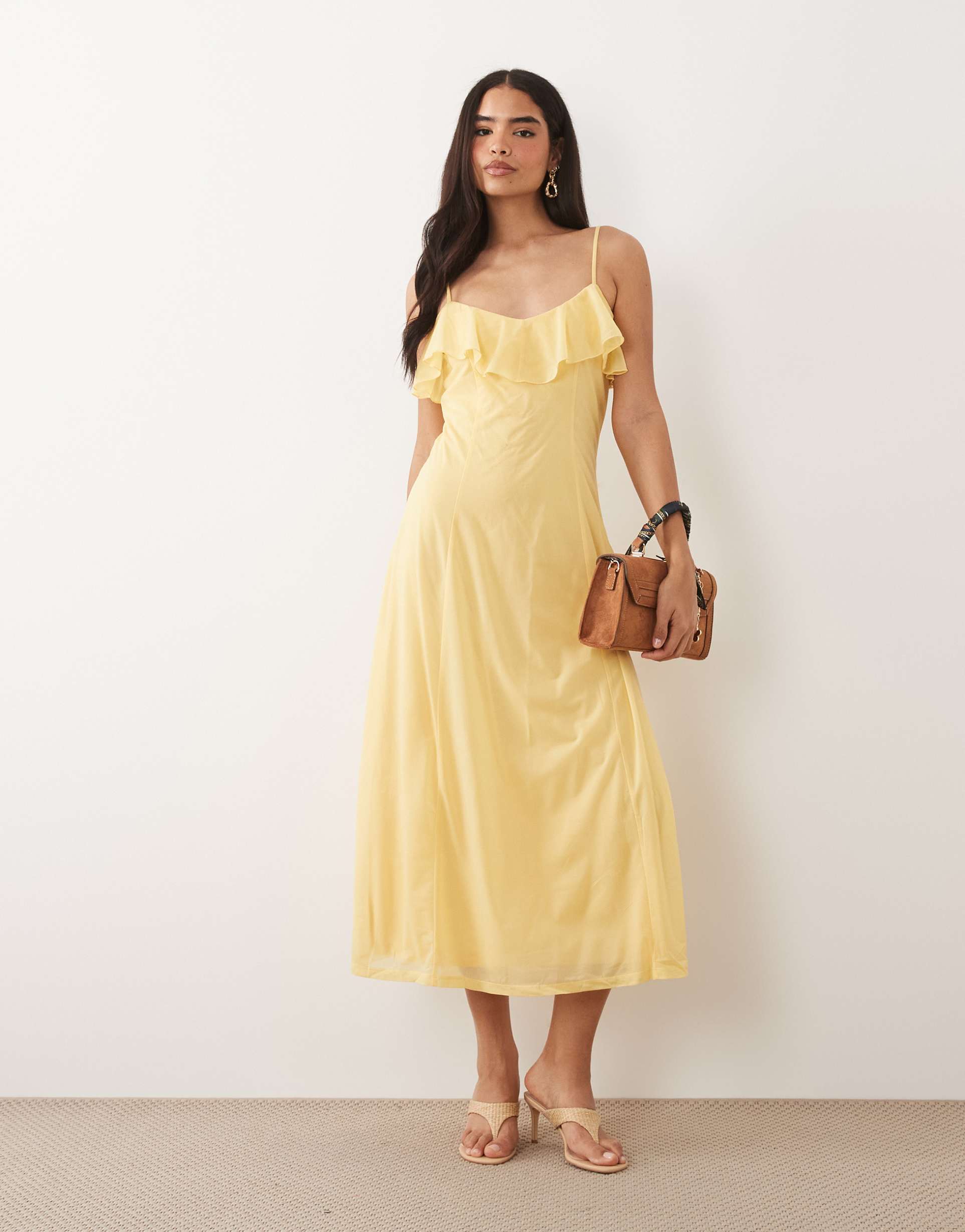 vero moda ruffle bust chiffon midi cami dress in golden yellow