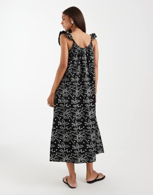 Vero Moda ruffle cami strap midi dress in black and white floral print, 3 of 4