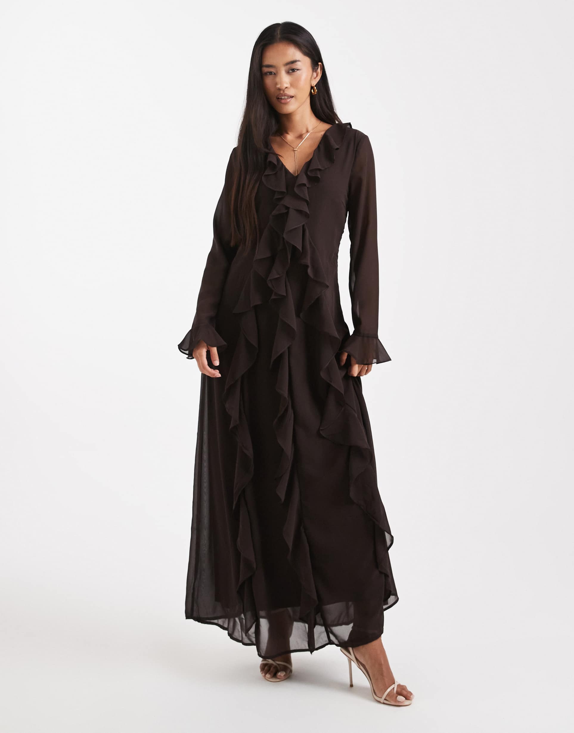 vero moda ruffle detail chiffon boho maxi dress in chocolate