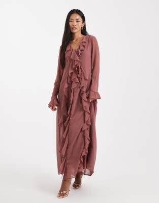Vero Moda Ruffle Detail Chiffon Boho Maxi Dress In Pink