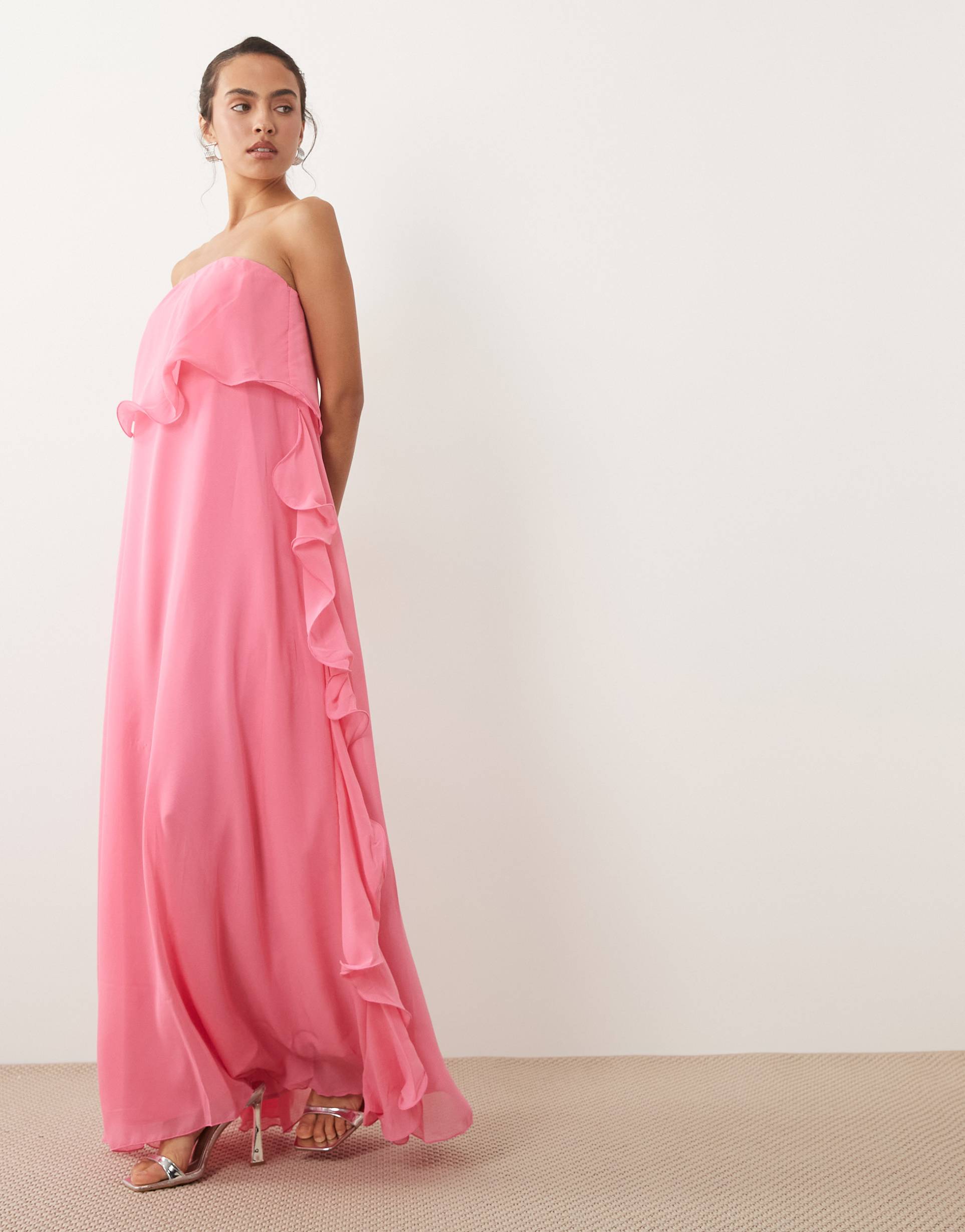 vero moda ruffle edge detail chiffon bandeau maxi dress in hot pink