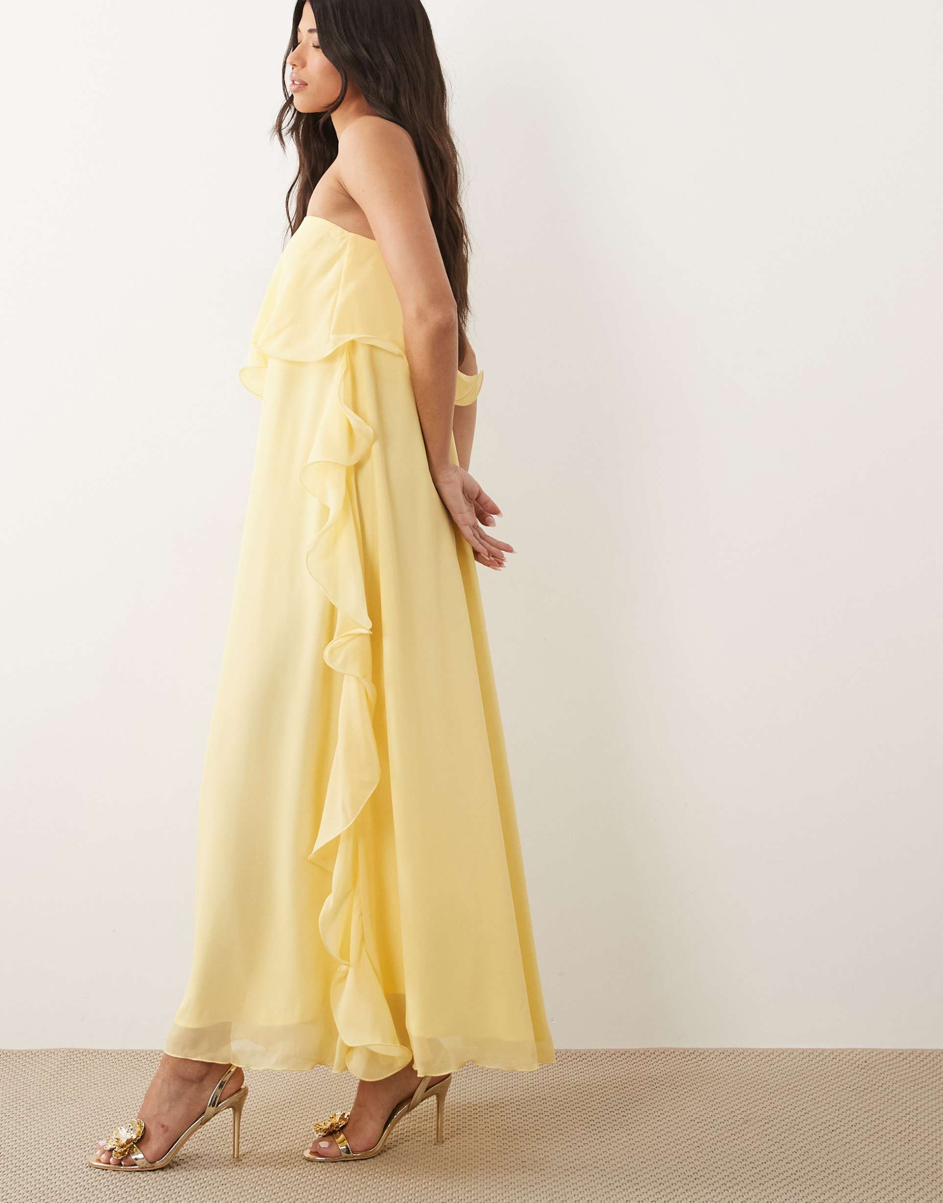 vero moda ruffle edge detail chiffon bandeau maxi dress in pale yellow