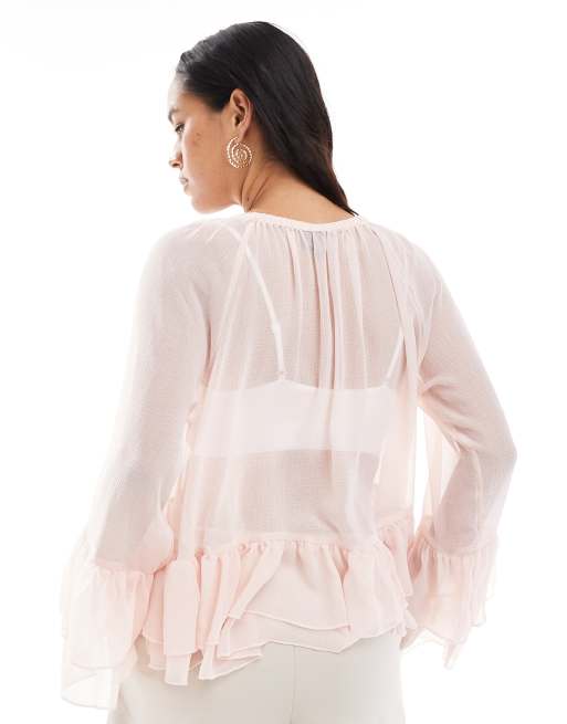 Vero Moda ruffle hem boho style top in rose pink, 4 of 4