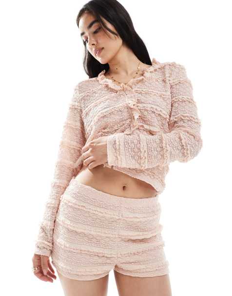 Vero Moda ruffle lace hotpants in rose pink - part of a set - view 1