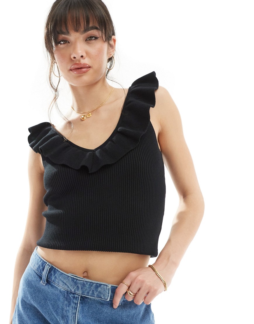 ruffle neck detail cami top in black