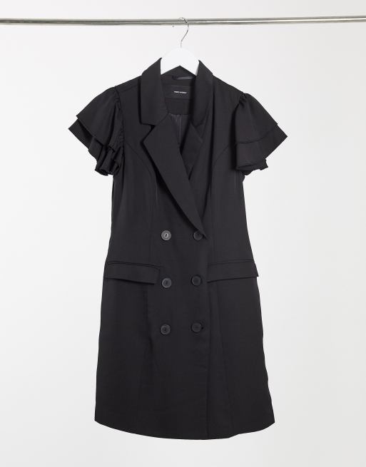 Moda ruffle shoulder blazer dress in black |