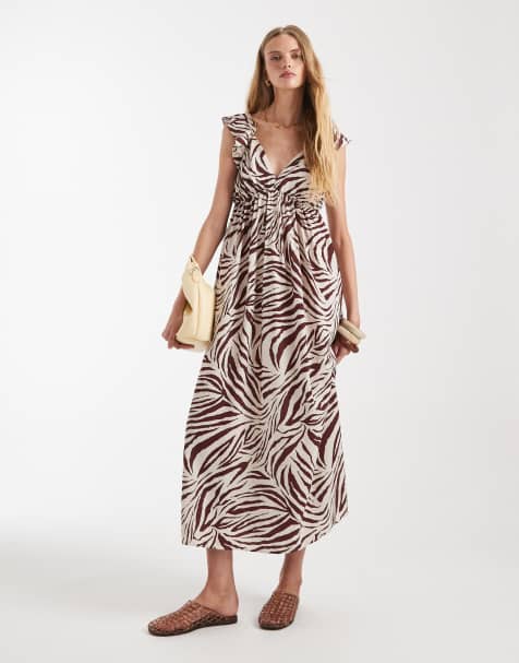 Vero Moda ruffle shoulder v neck maxi dress in chocolate zebra print