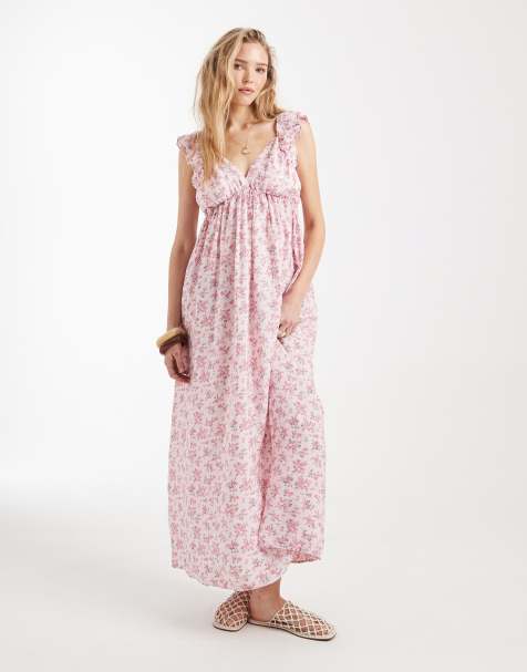 Vero Moda ruffle shoulder v neck maxi dress in pink floral print