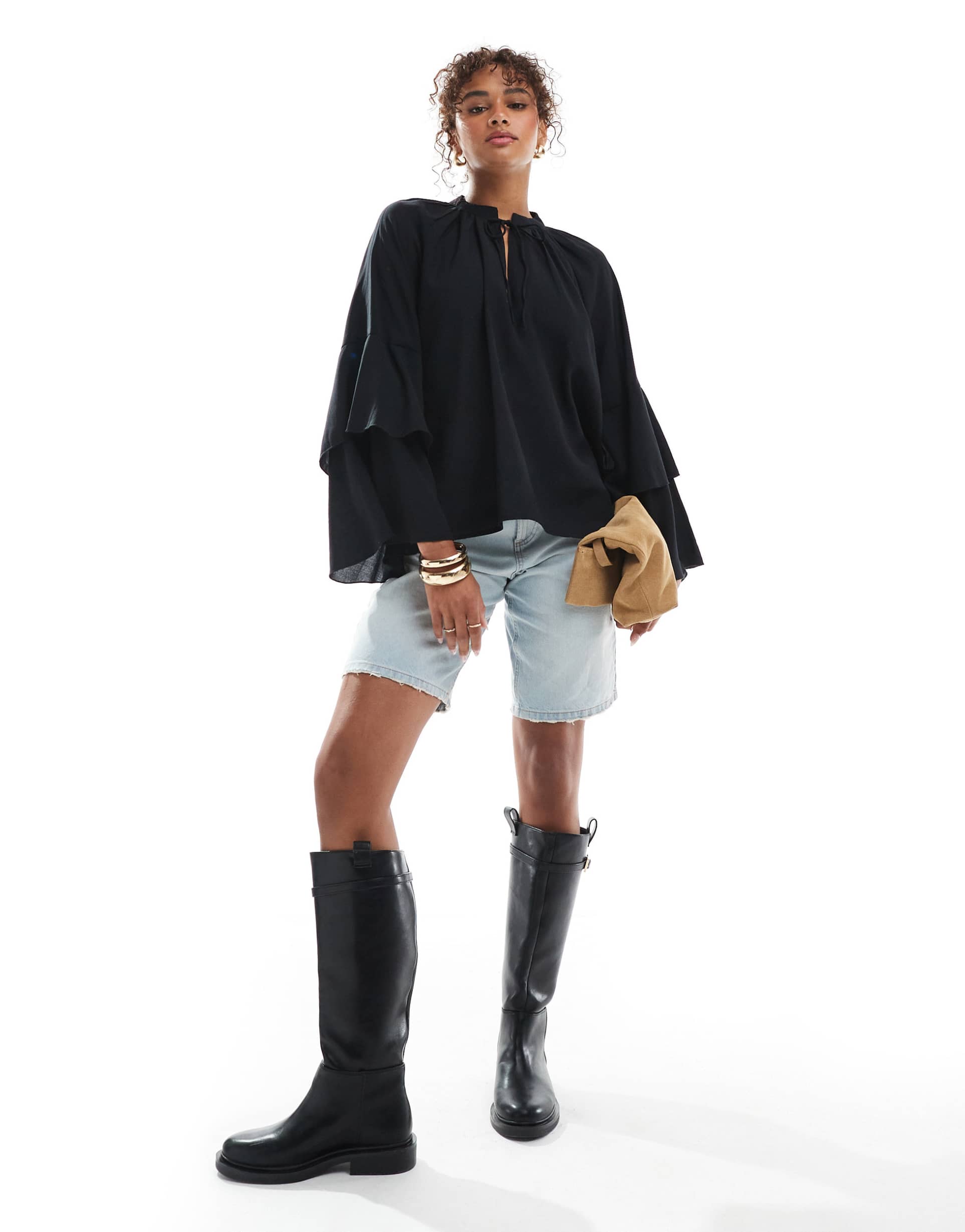 vero moda ruffle tiered sleeves boho top in black
