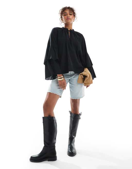 Vero Moda ruffle tiered sleeves boho top in black
