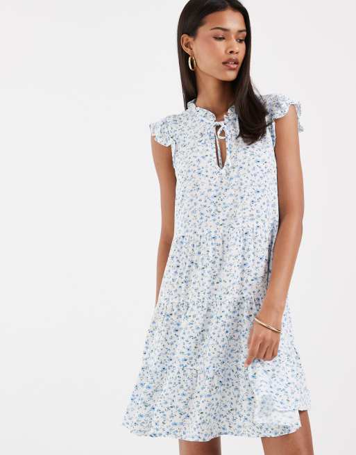 Vero Moda ruffle trim babydoll mini dress in blue and white floral print, 3 of 4