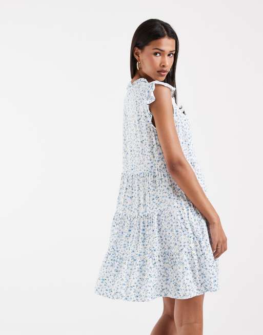 Vero Moda ruffle trim babydoll mini dress in blue and white floral print, 4 of 4