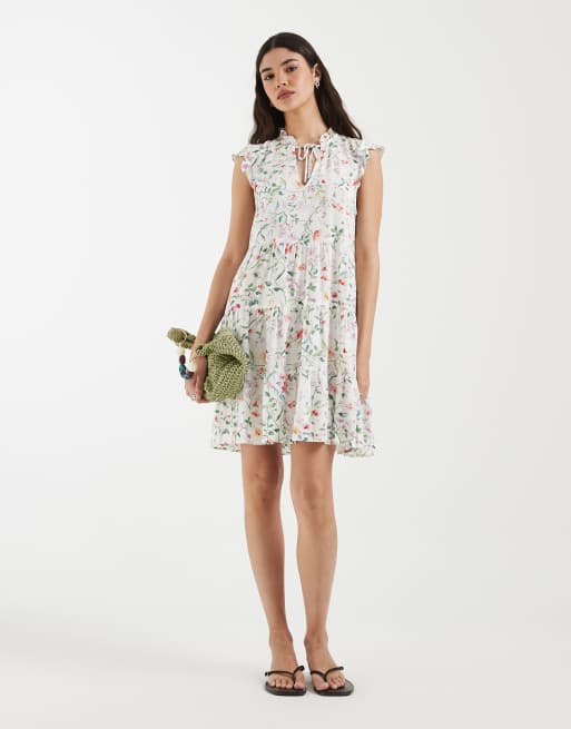 Vero Moda ruffle trim babydoll mini dress in white floral print, 2 of 4