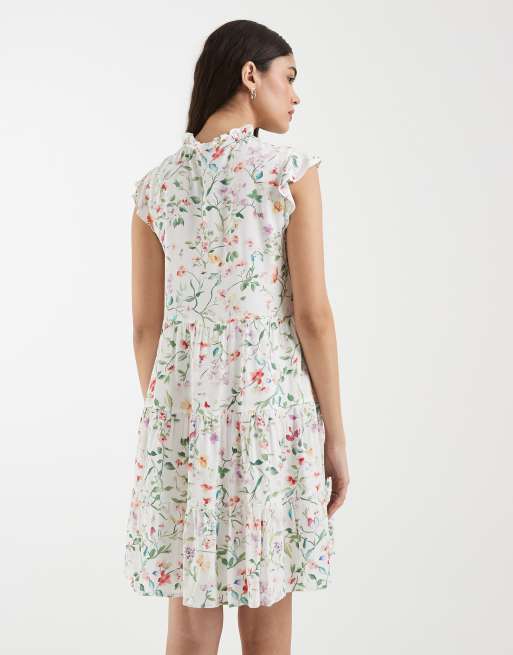 Vero Moda ruffle trim babydoll mini dress in white floral print, 4 of 4