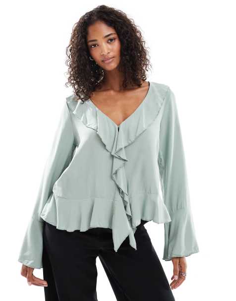 Vero Moda ruffle trim bell sleeve boho blouse in soft green - view 1