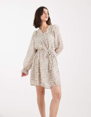 Vero Moda Vero Moda ruffle trim blouson sleeve belted mini dress in cream floral print-White