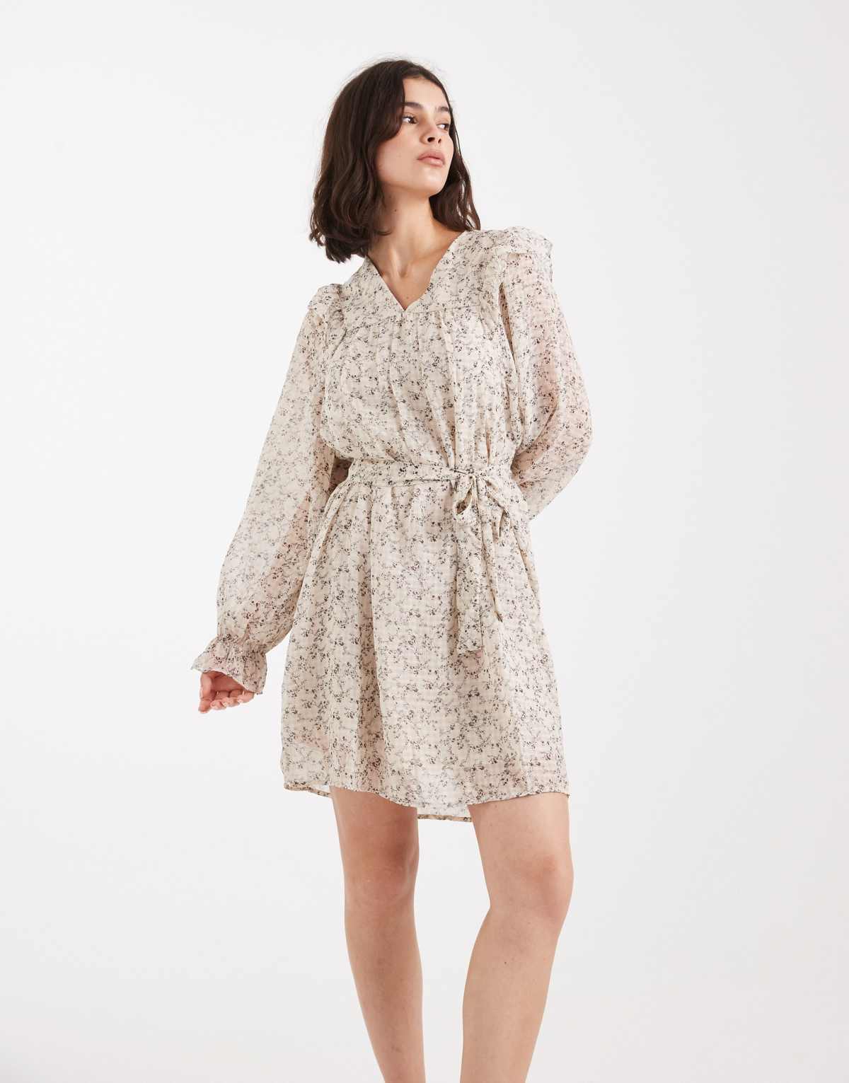 Vero Moda ruffle trim blouson sleeve belted mini dress in cream floral print