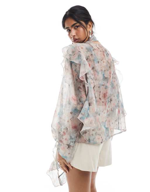 Vero Moda ruffle trim blouson sleeve boho blouse with detached scarf in faded floral print, 2 of 4