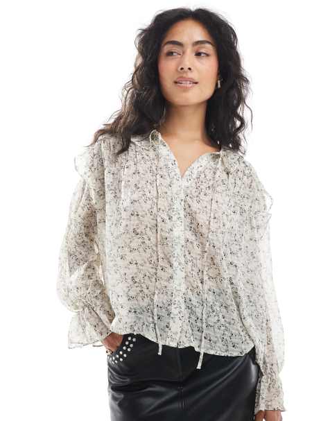 Vero Moda ruffle trim boho blouse in cream floral print - view 1