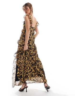 Vero Moda Ruffle Trim Chiffon Maxi Dress In Animal Print