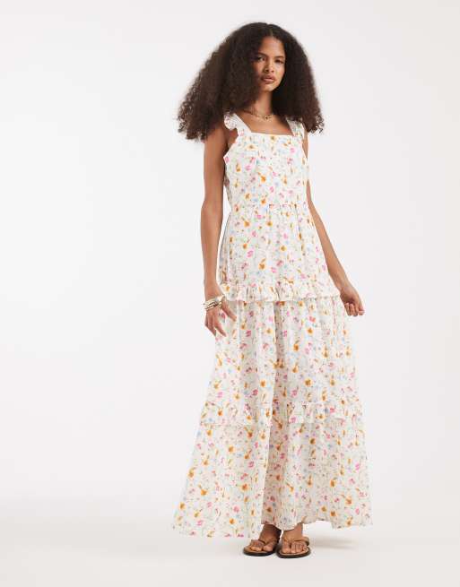 Vero Moda ruffle trim tiered maxi dress in cream based floral print, 3 of 4