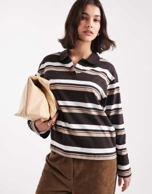 Vero Moda - Rugby-Oberteil im Relaxed Fit in Schokobraun, Weiß und Beige gestreift-Brown