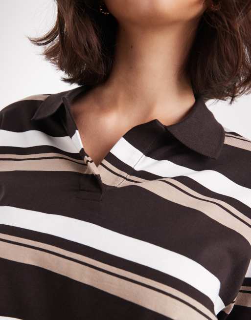 Vero Moda – Rugby-Oberteil im Relaxed Fit in Schokobraun, Weiß und Beige gestreift, 3 von 4