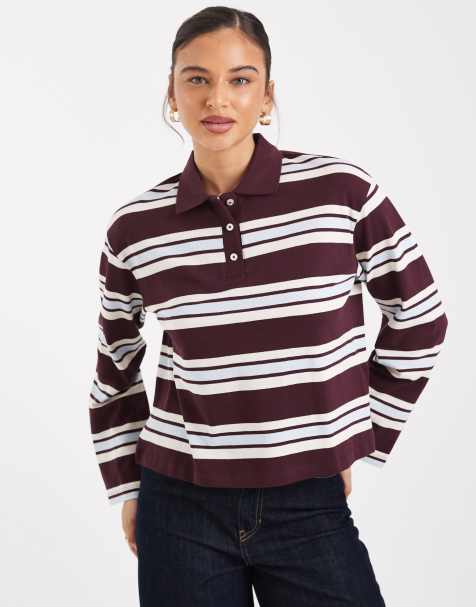 Vero Moda rugby polo in burgundy and soft blue stripe print - view 1