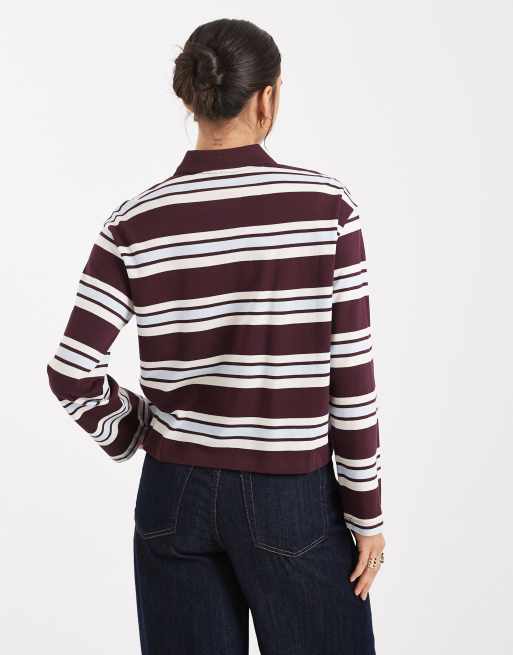 Vero Moda rugby polo shirt in burgundy and soft blue stripe print, 2 of 4