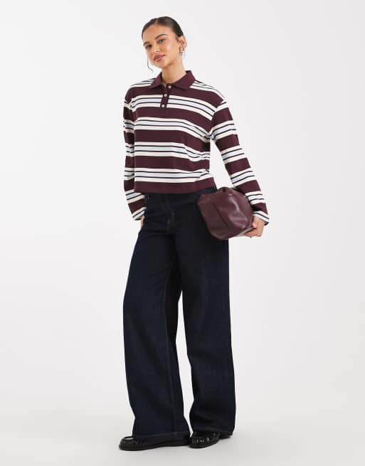 Vero Moda rugby polo shirt in burgundy and soft blue stripe print, 3 of 4