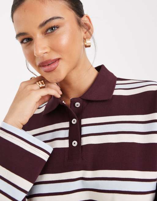 Vero Moda rugby polo shirt in burgundy and soft blue stripe print, 4 of 4