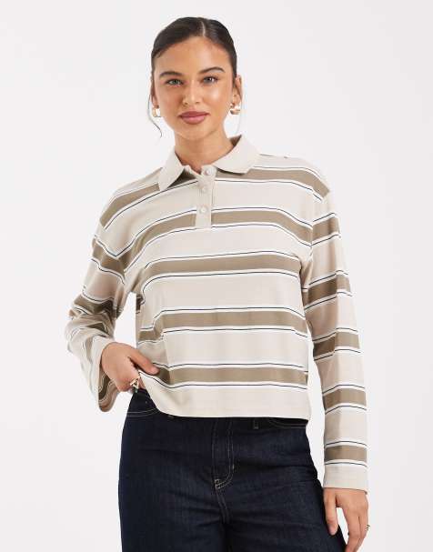 Vero Moda rugby polo shirt in oatmeal and khaki stripe print - view 1